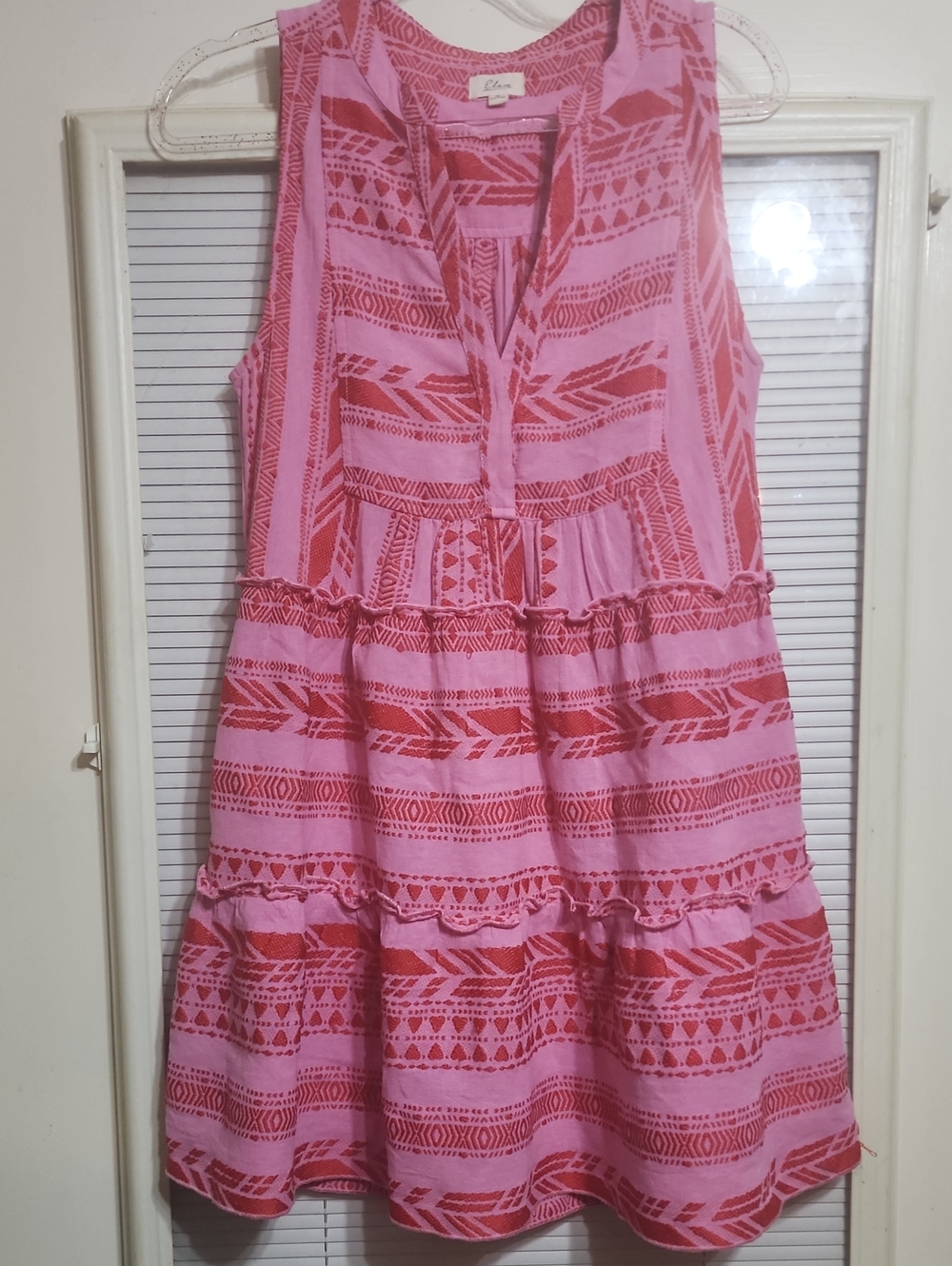 Elan Pink and Red Sleeveless Tiered Print Dress